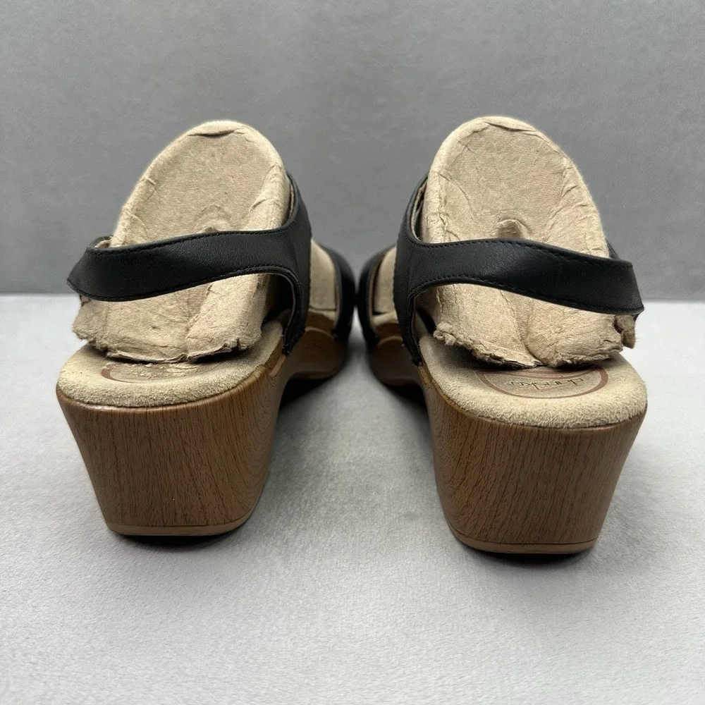 Womens 8.5-9 (EU 39) Dansko Sonnet Wedge Sandals Black Leather Rose Embossed